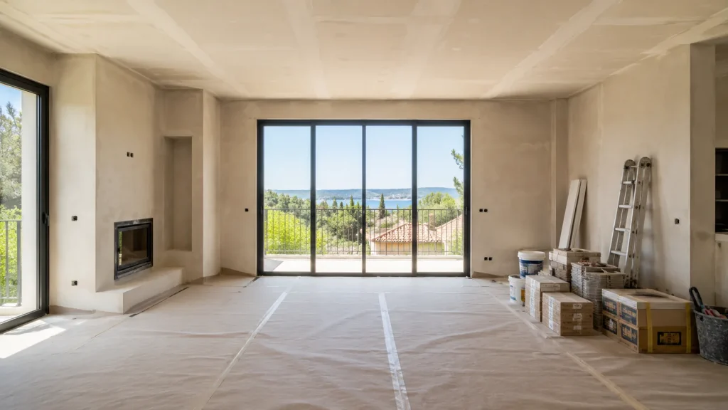 Vivienda en plena reforma, con las paredes enlucidas y el suelo protegido